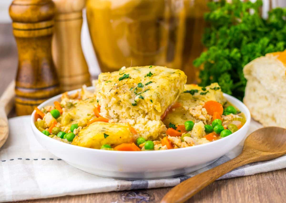 Bowl of turkey and dumplings on a counter.