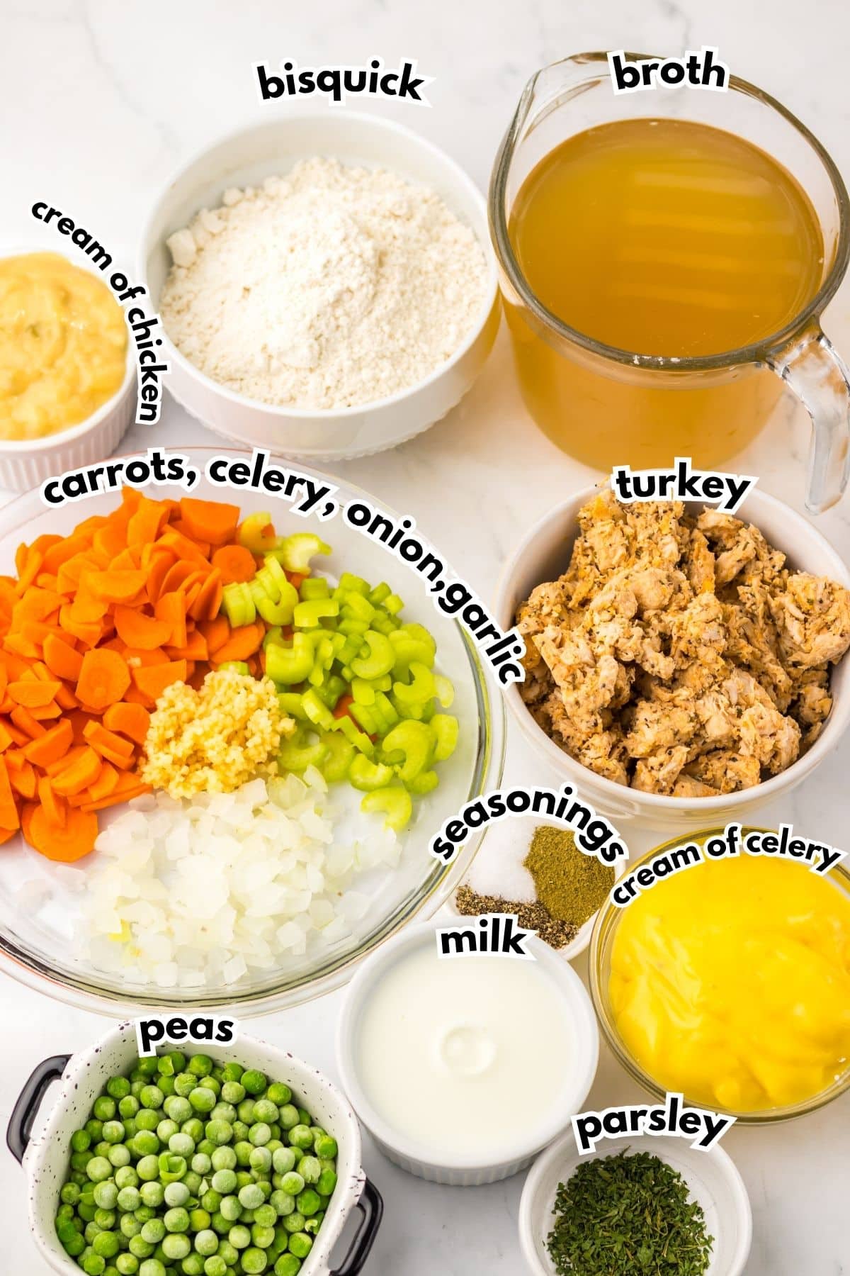 Bowls of ingredients labelled with text on a counter.