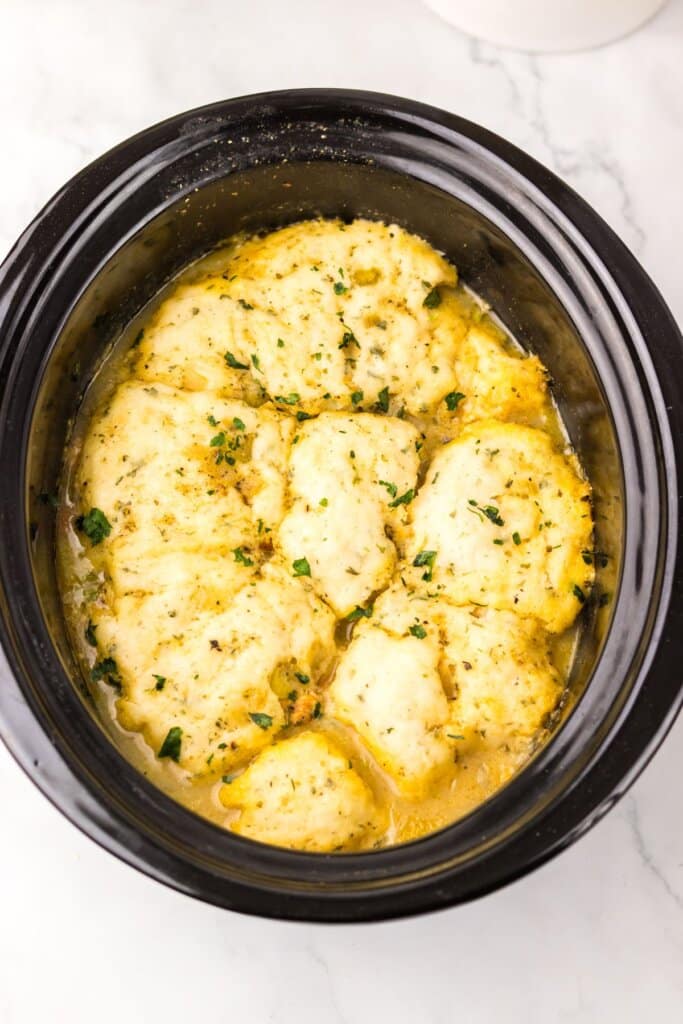 Dumplings cooked in a slow cooker.