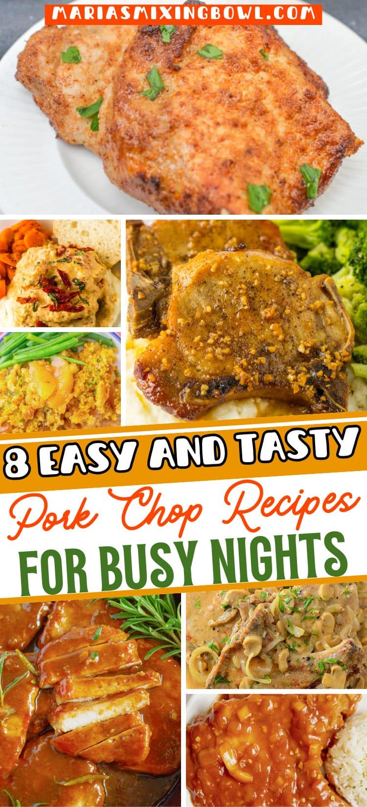 Collage image of pork chop recipes.