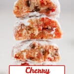 Four halves of cherry snowball cookies stacked on top of each other.