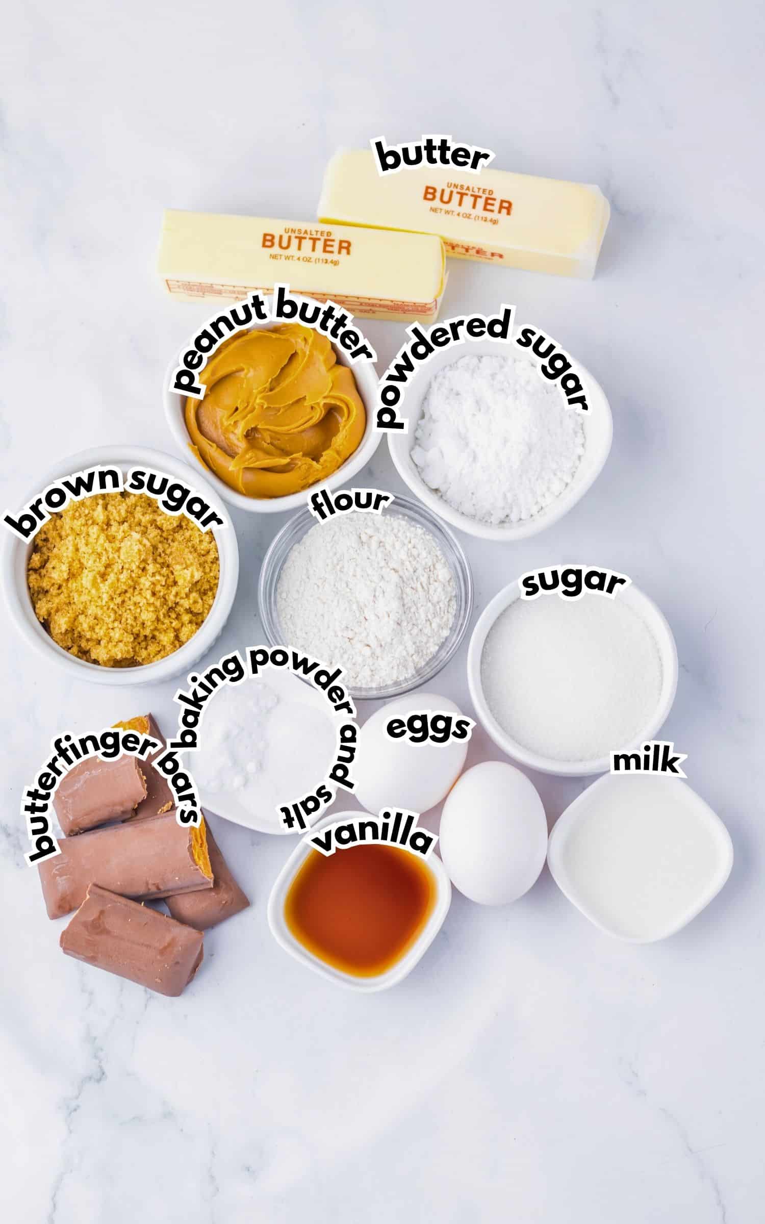 Bowls of ingredients labelled with text.