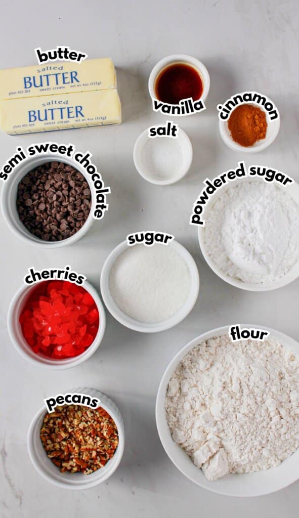Bowls of ingredients on a table loaded with text.