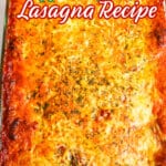 Baking dish full of cooked lasagna.