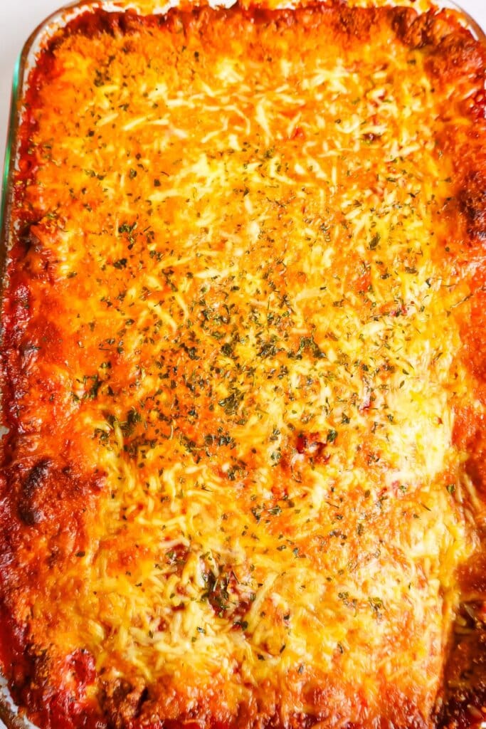 Baking dish full of lasagna.
