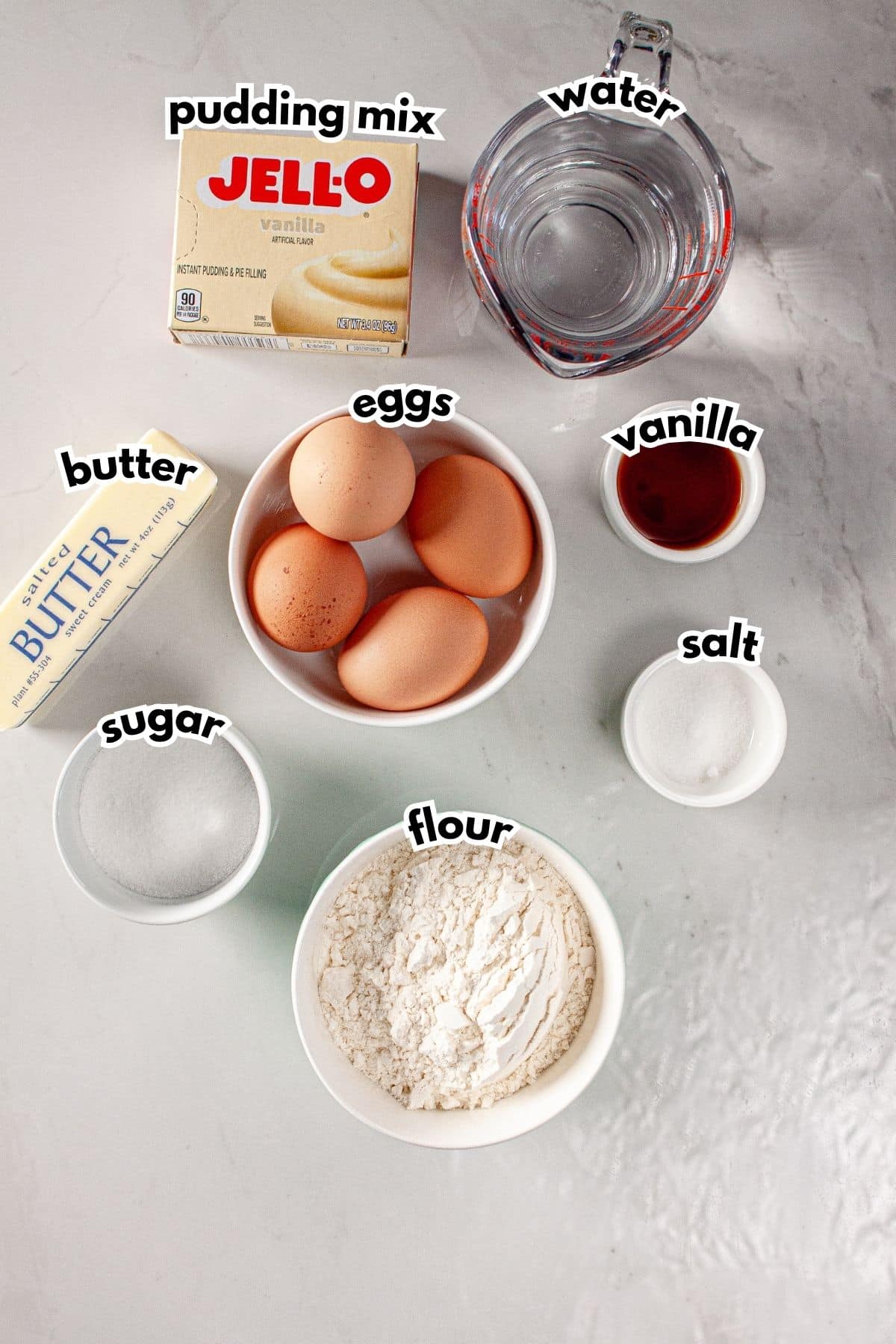 Bowls of ingredients labelled with texts.