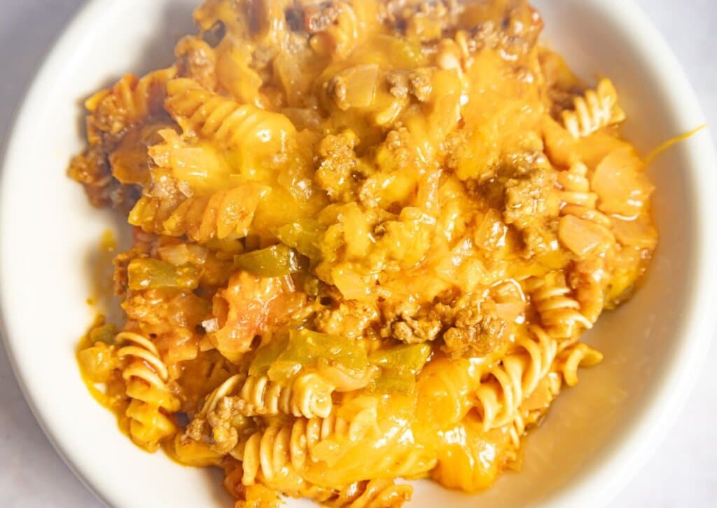 Bowl full of crock pot sloppy joe casserole.
