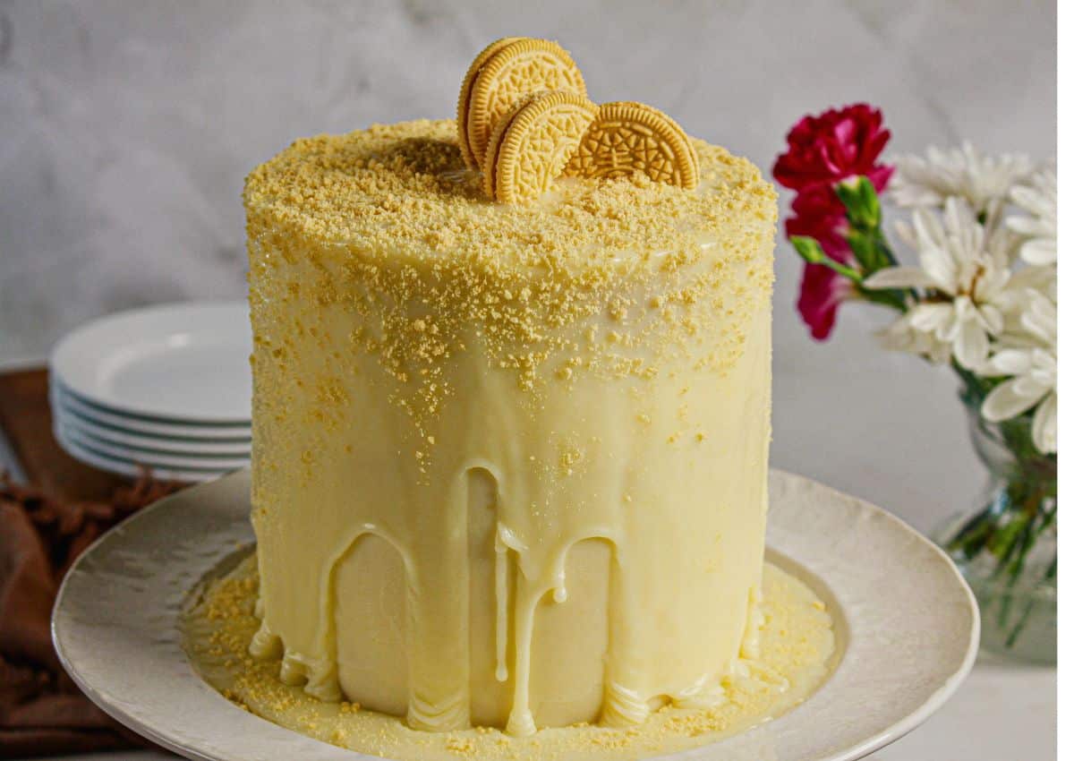 Whole Golden Oreo Cake on a platter.