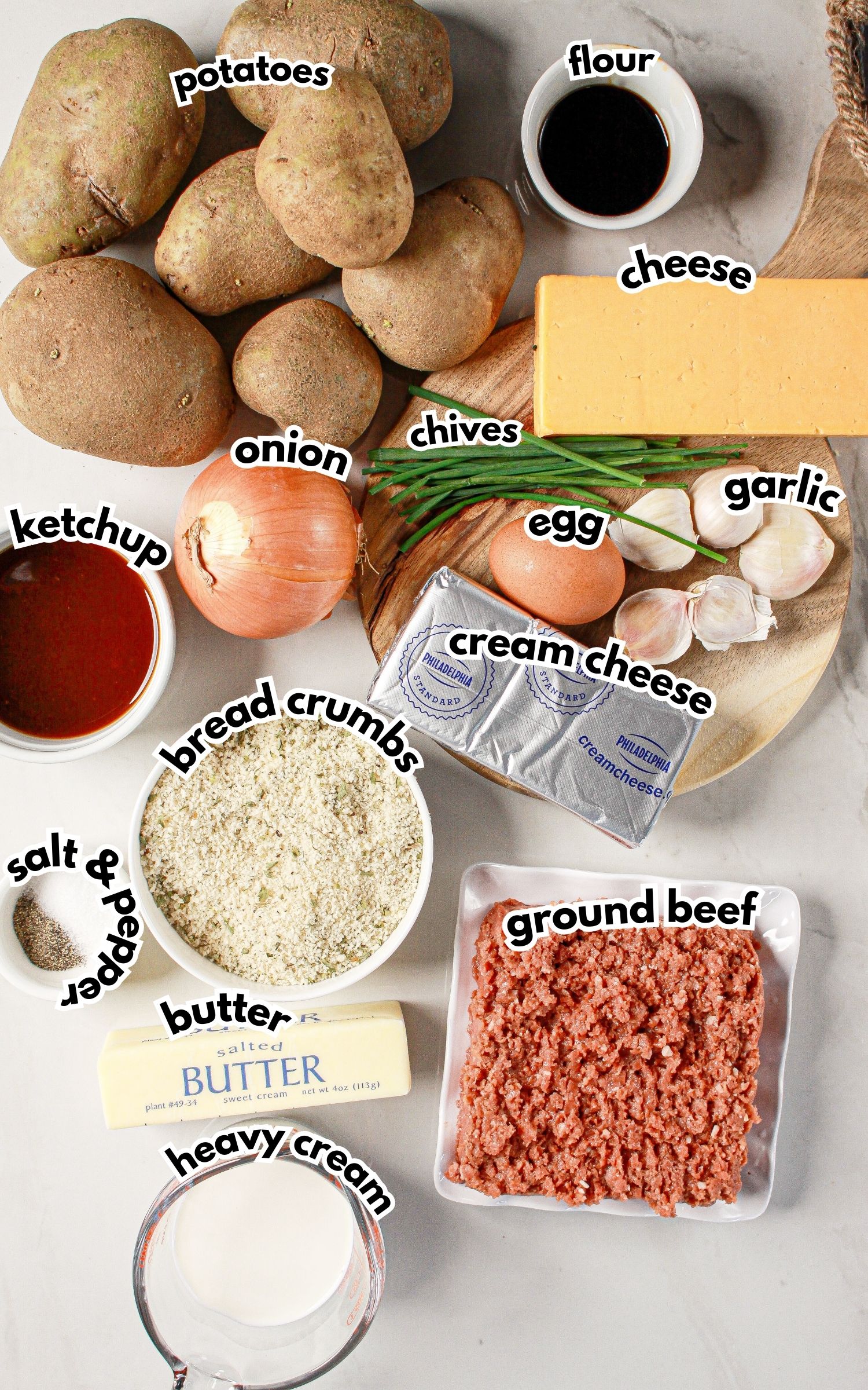 Bowls of ingredients labelled with text.
