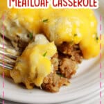 Slice of loaded potato meatloaf casserole on a plate.