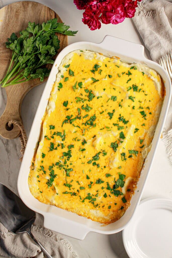 Mashed potatoes in a baking dish.