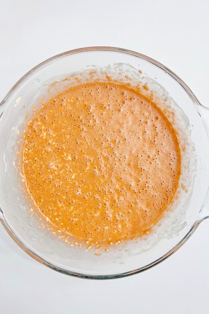 Batter in a glass mixing bowl.