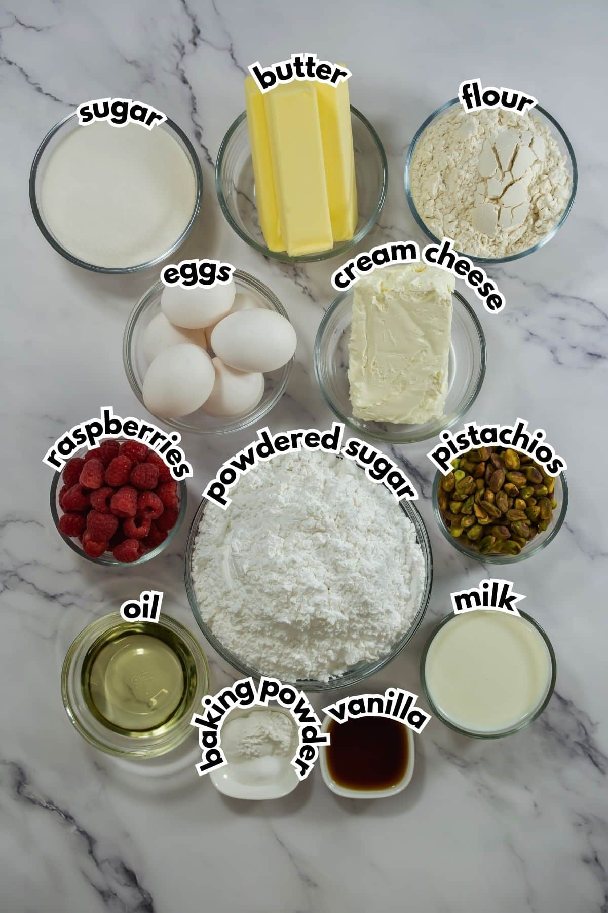 Bowls of ingredients labelled with text.