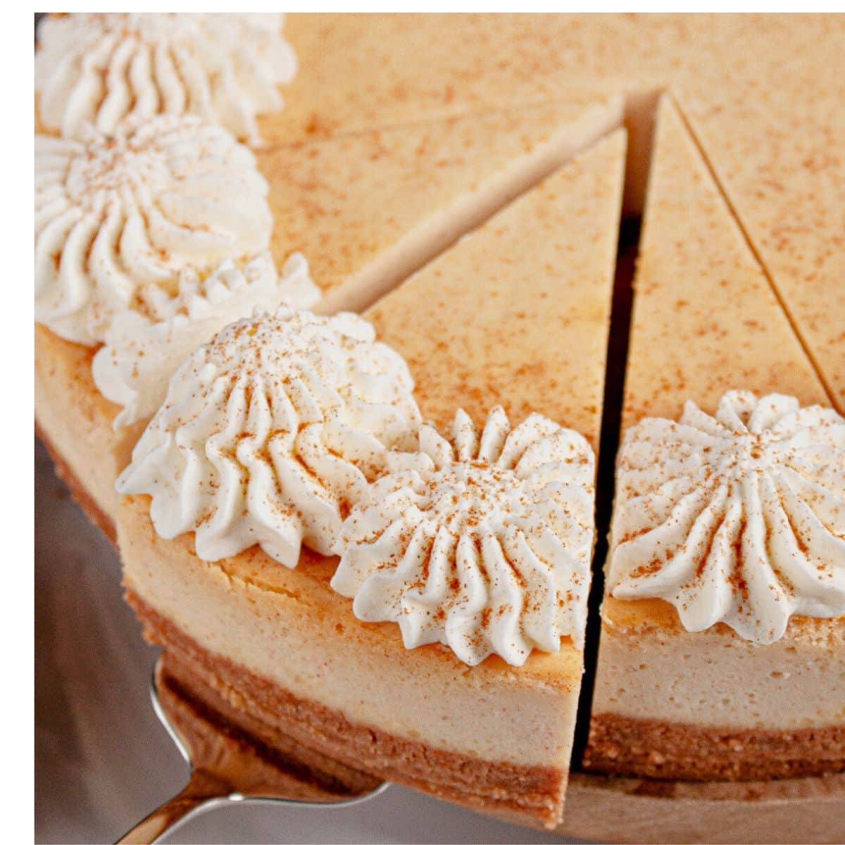 Slice of cheesecake being removed.