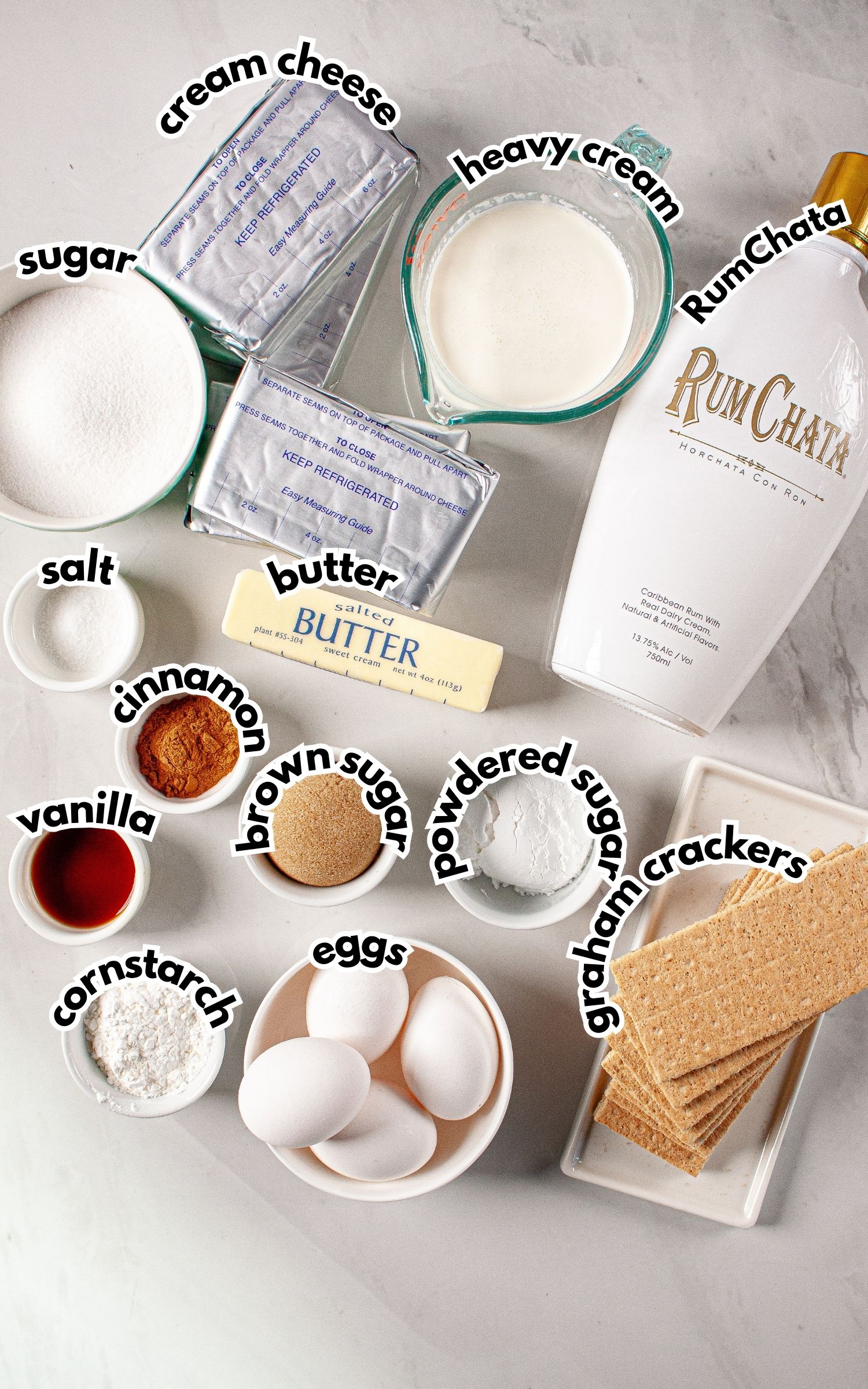 Bowls of ingredients labelled with text.