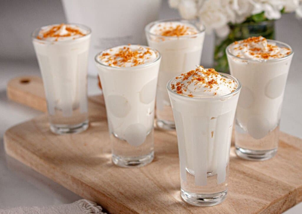 Rumchata pudding shots in glasses.
