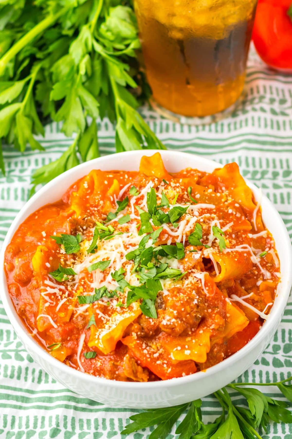 White bowl filled with lasagna soup.