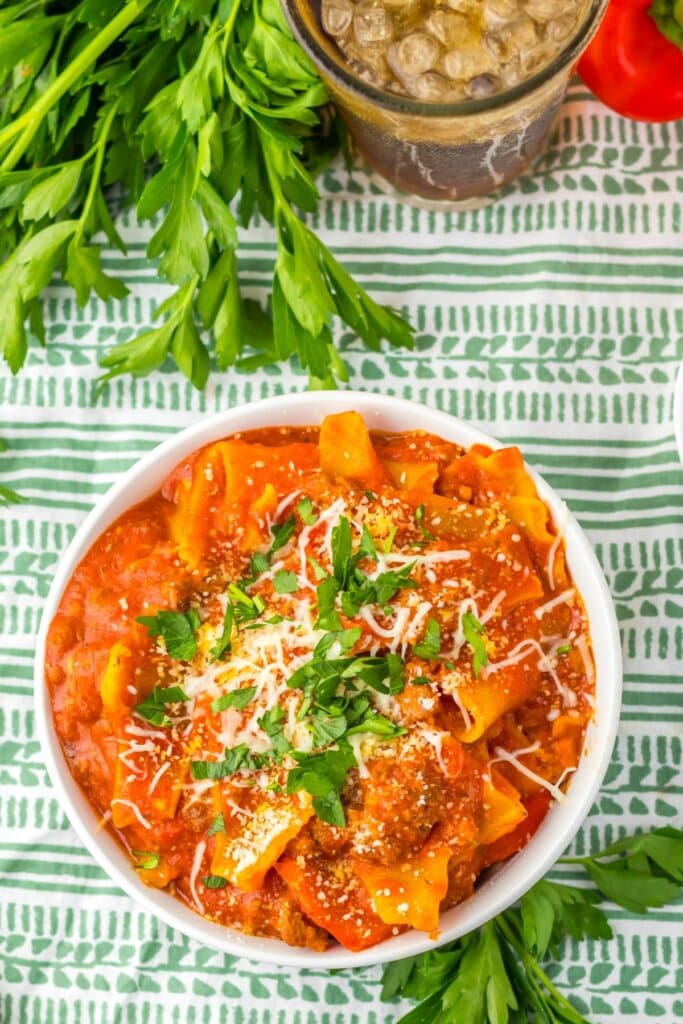 White bowl filled with lasagna soup.