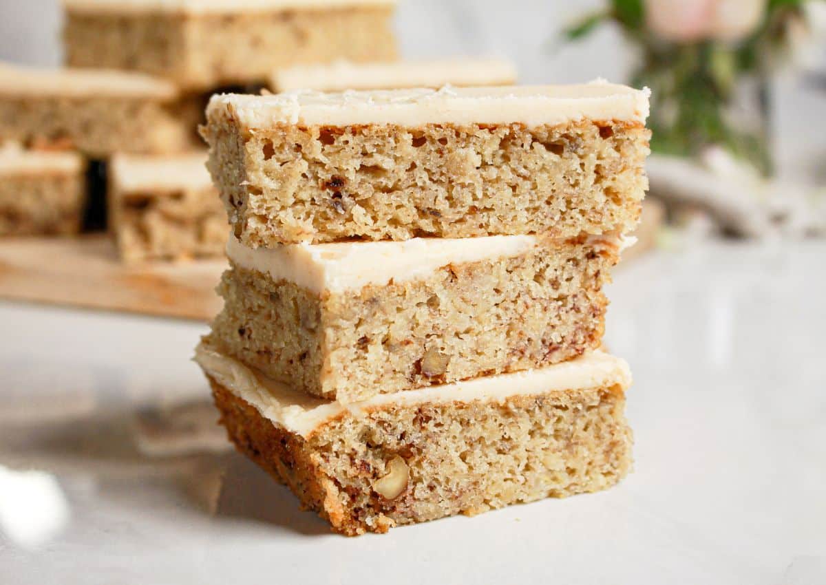 Three banana bread brownies stacked on top of each other.