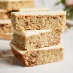 Three banana bread brownies stacked on top of each other.