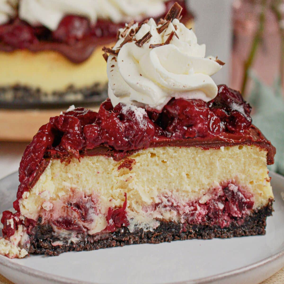 Slice of black forest cheesecake on a small plate.