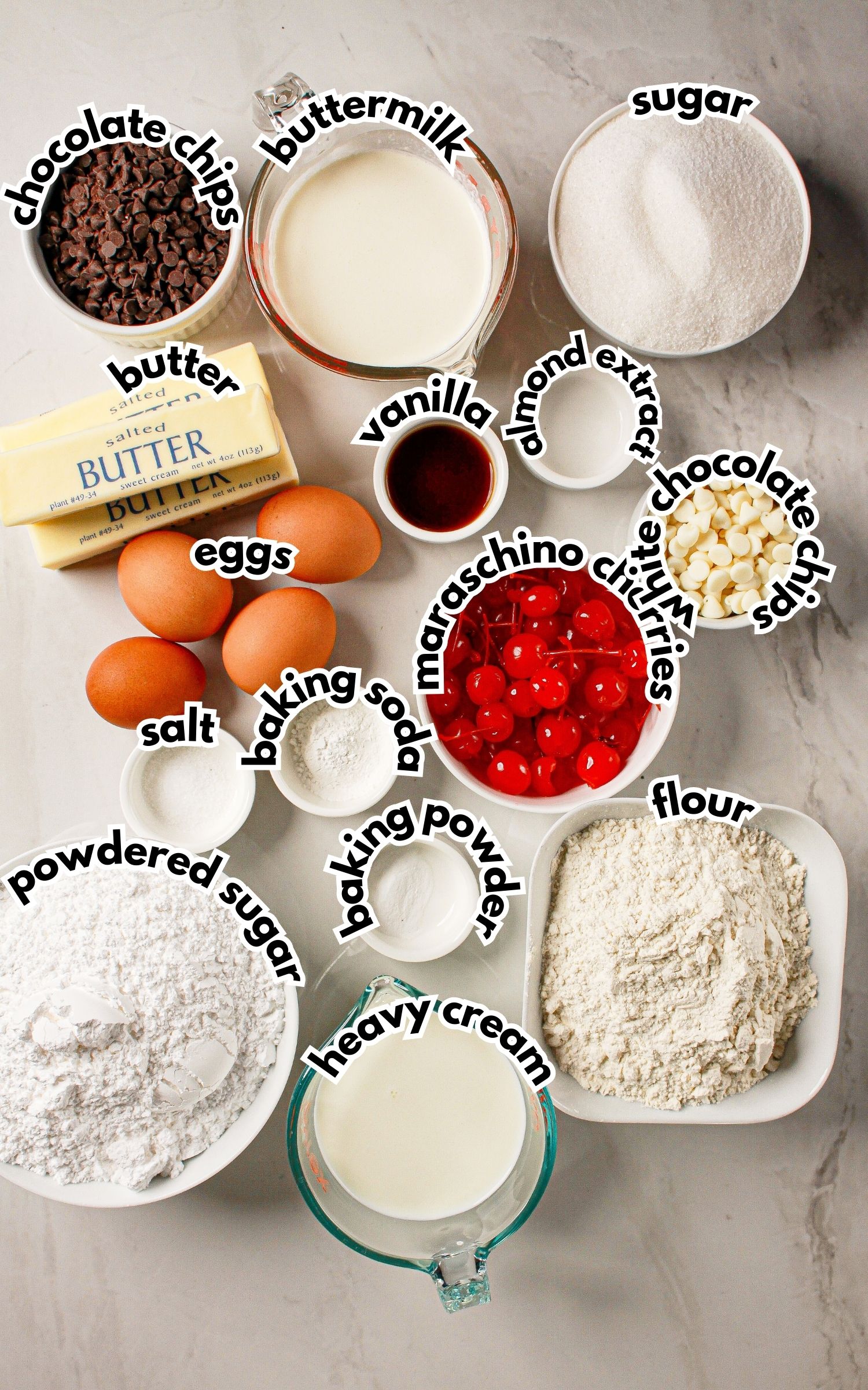 Bowls of ingredients labelled with text.