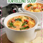 Two white bowls filled with creamy tomato tortellini soup, garnished with spinach, placed on a wooden board with grated cheese and a wedge of parmesan.
