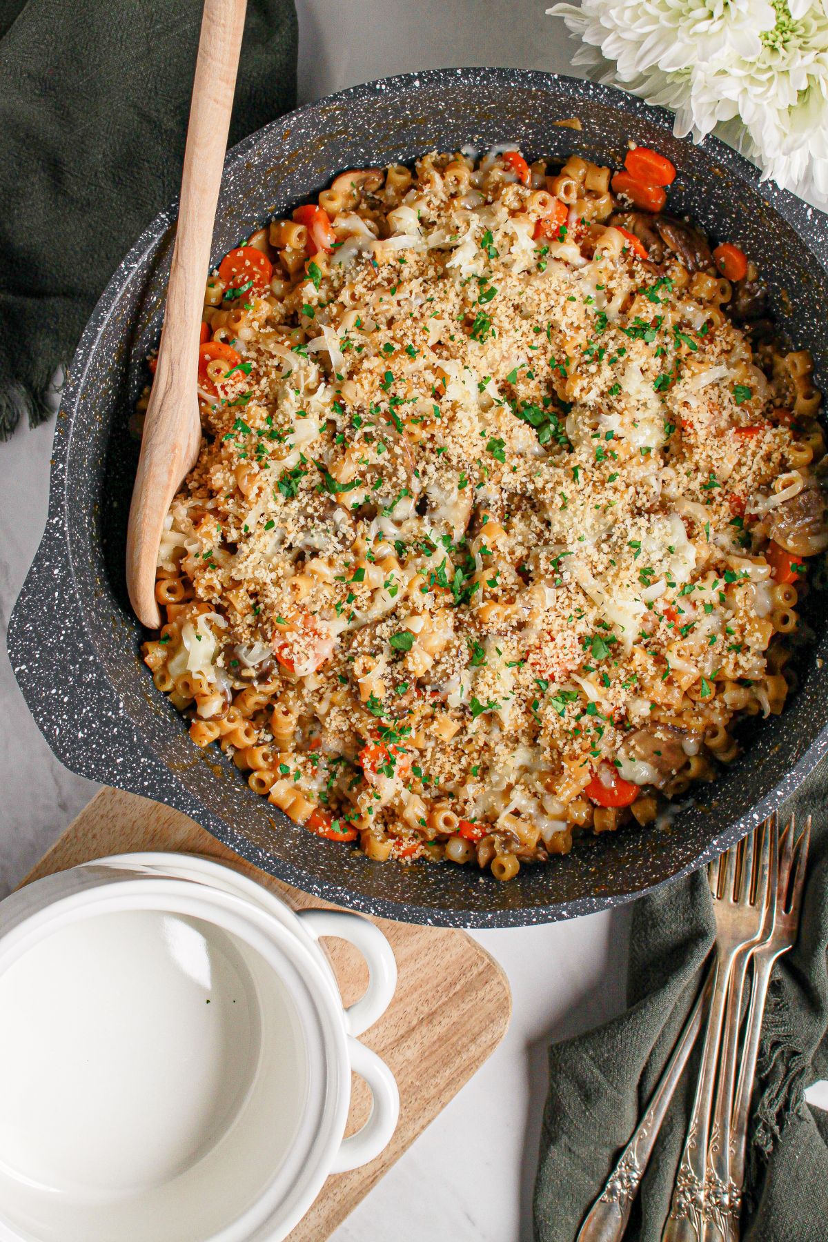 French onion pasta in a large skillet.