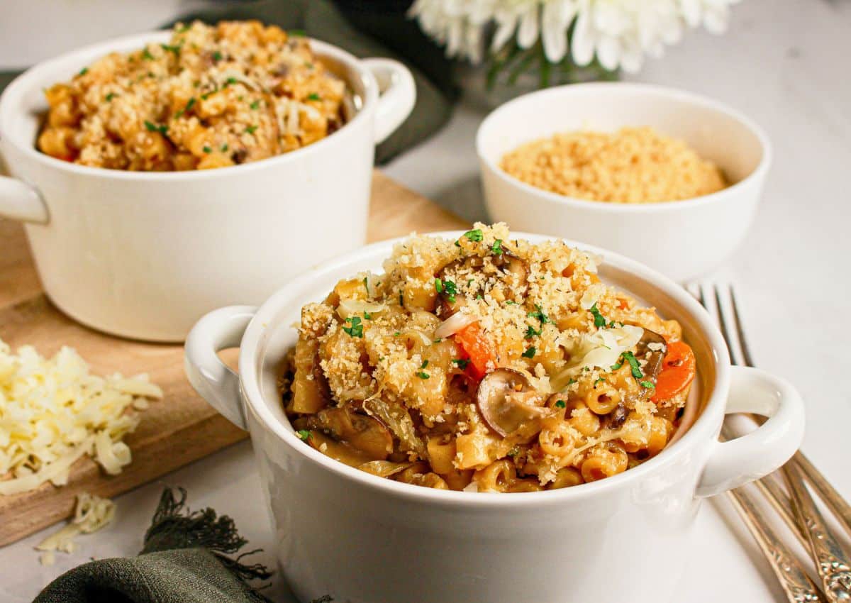 French onion pasta in a small bowl.