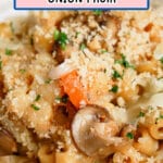 Bowl full of french onion pasta.