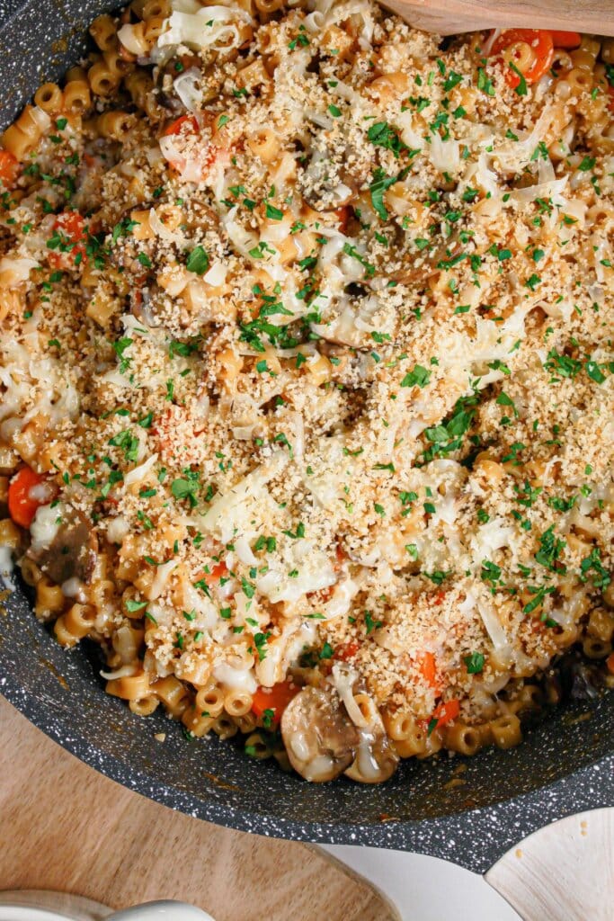 French onion pasta in a skillet ready to serve.