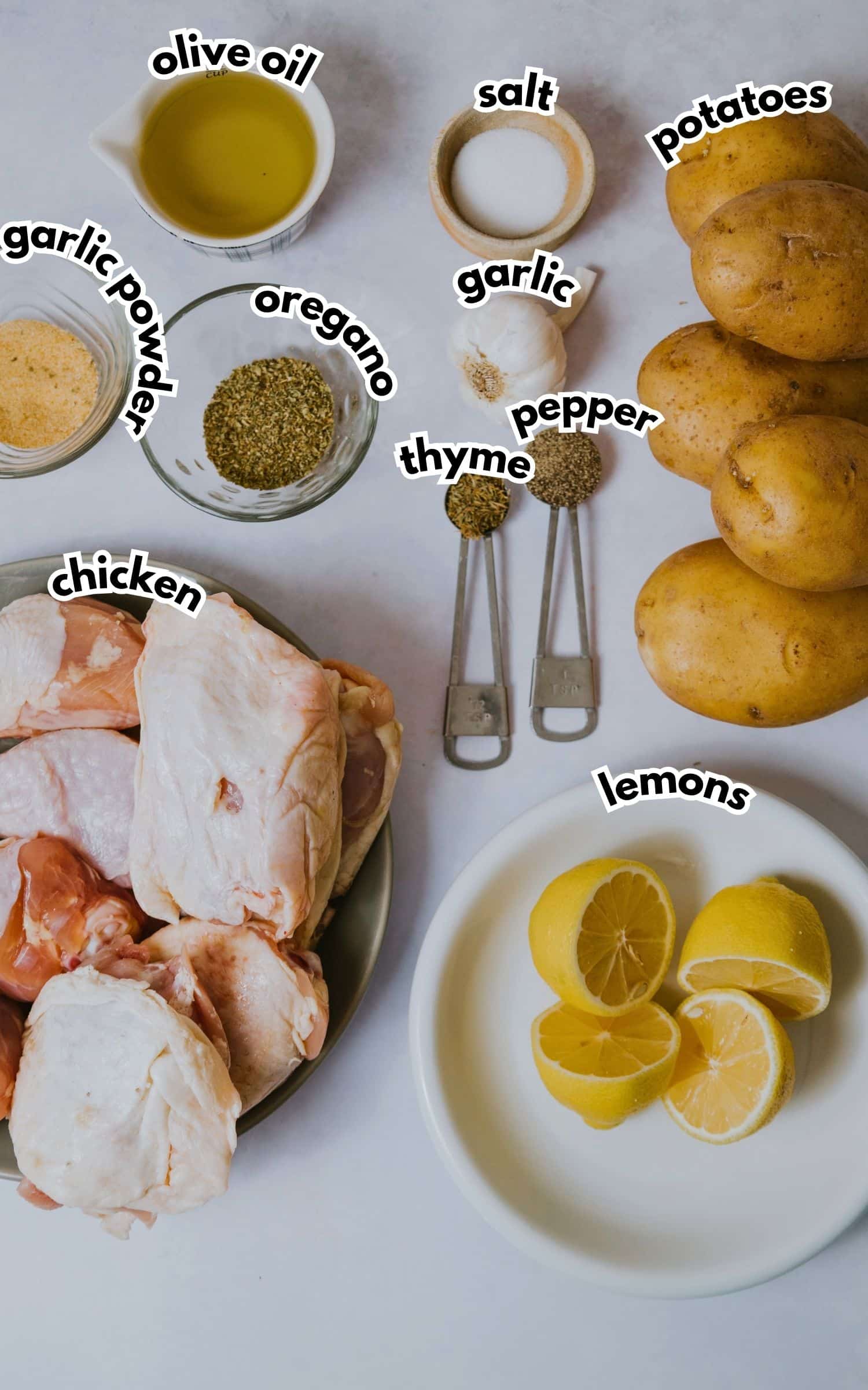 Bowls and spoonfuls of ingredients labelled with text.