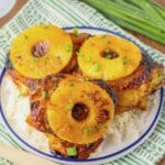 Plate with rice and hulu huli chicken thighs.