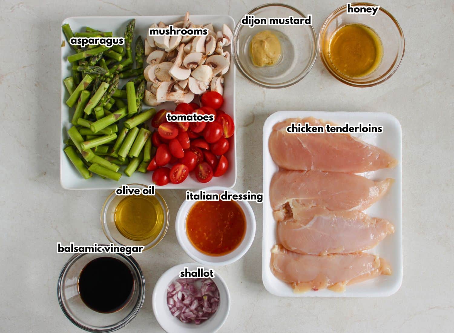 Bowls of ingredients on a counter.