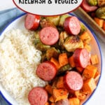 White plate full of sausage, veggies, and rice.