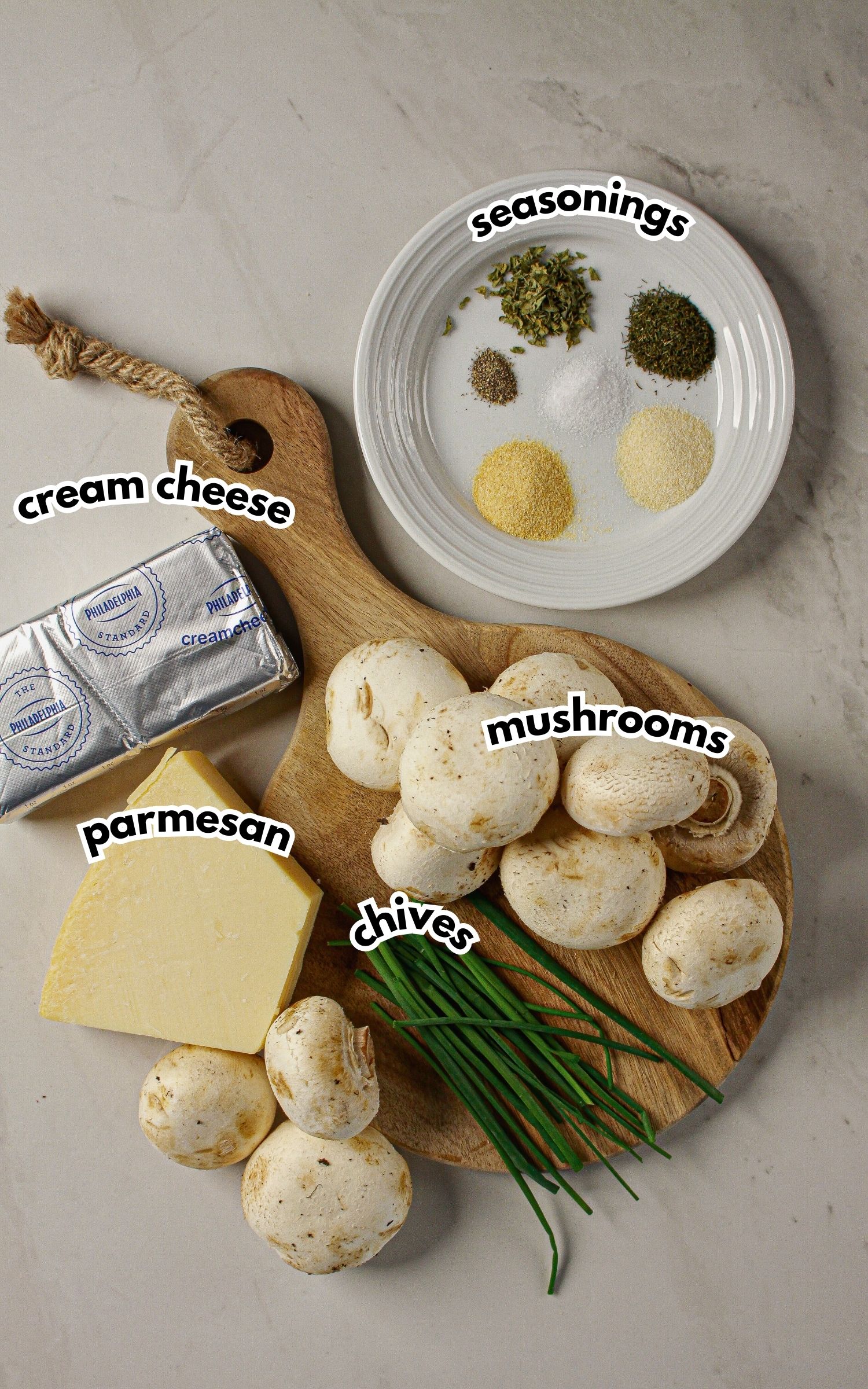 Ingredients on a counter labelled with text.