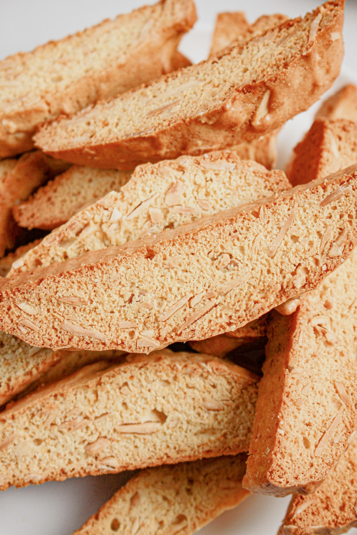 Slices of almond biscotti on a plate.