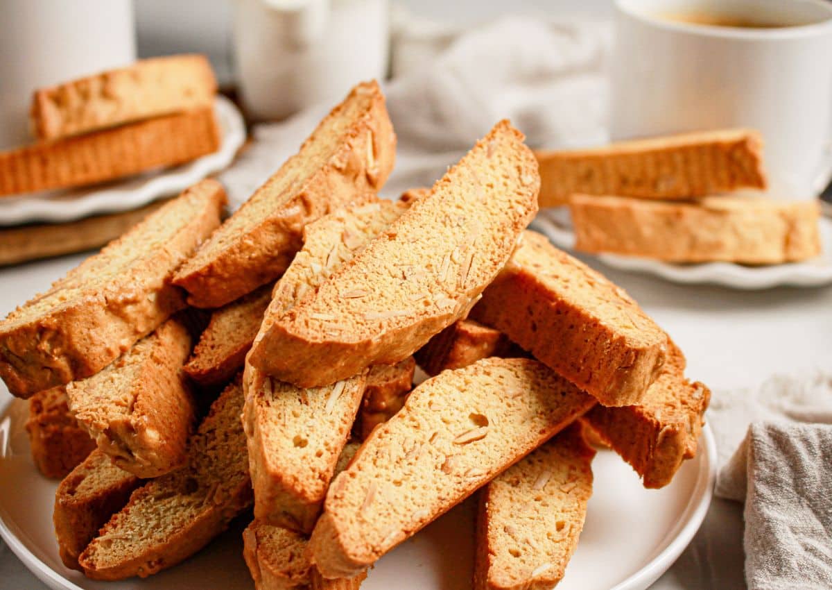 Slices of almond biscotti on a plate.