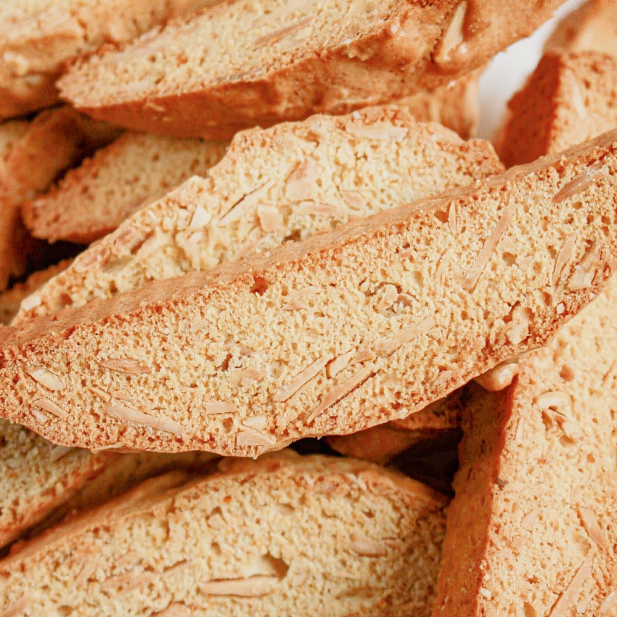 Slices of almond biscotti on a plate.