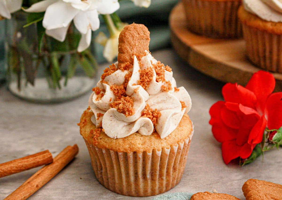 Biscoff cupcake on a table.