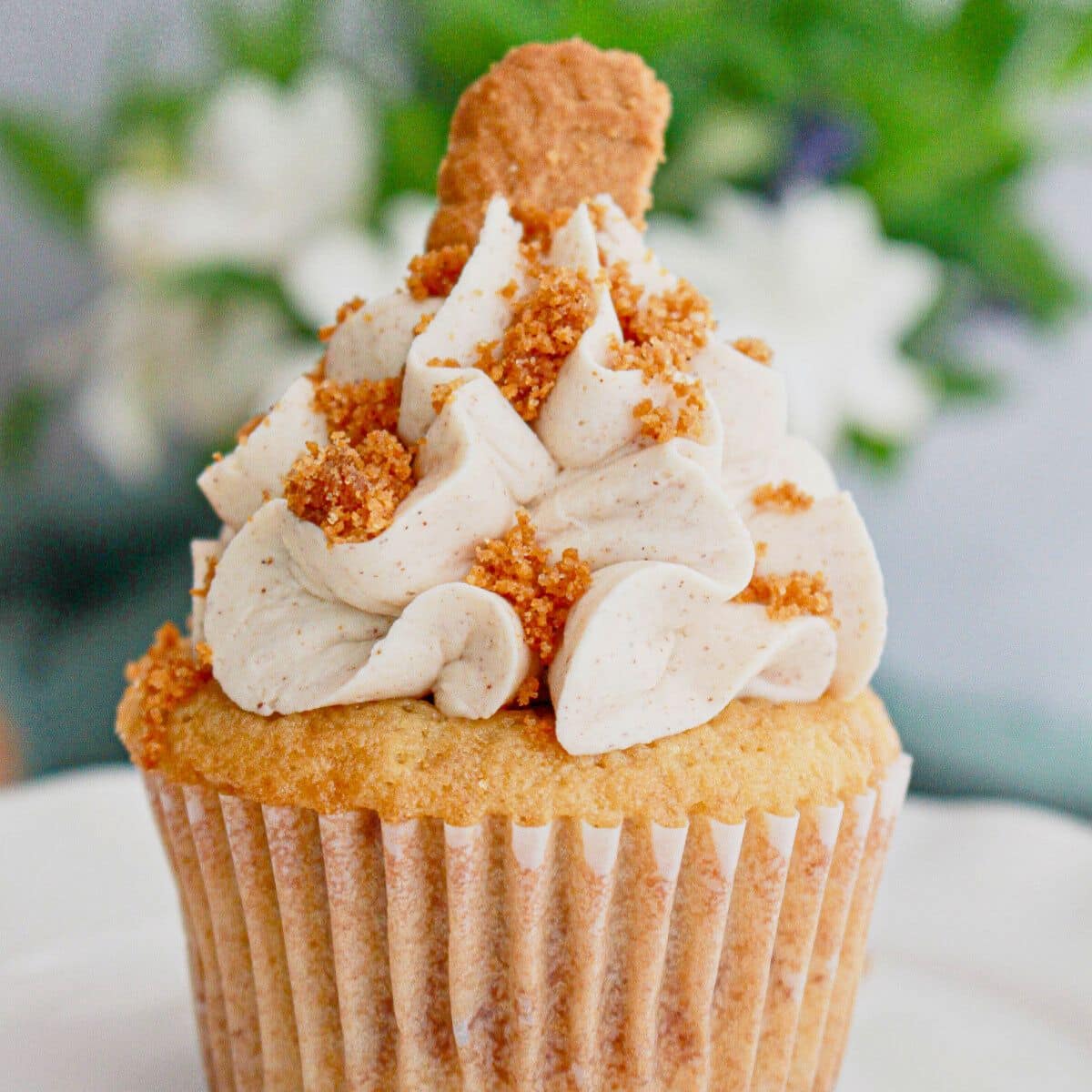 Biscoff cupcake on a table.