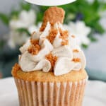 Biscoff cupcakes on a table.