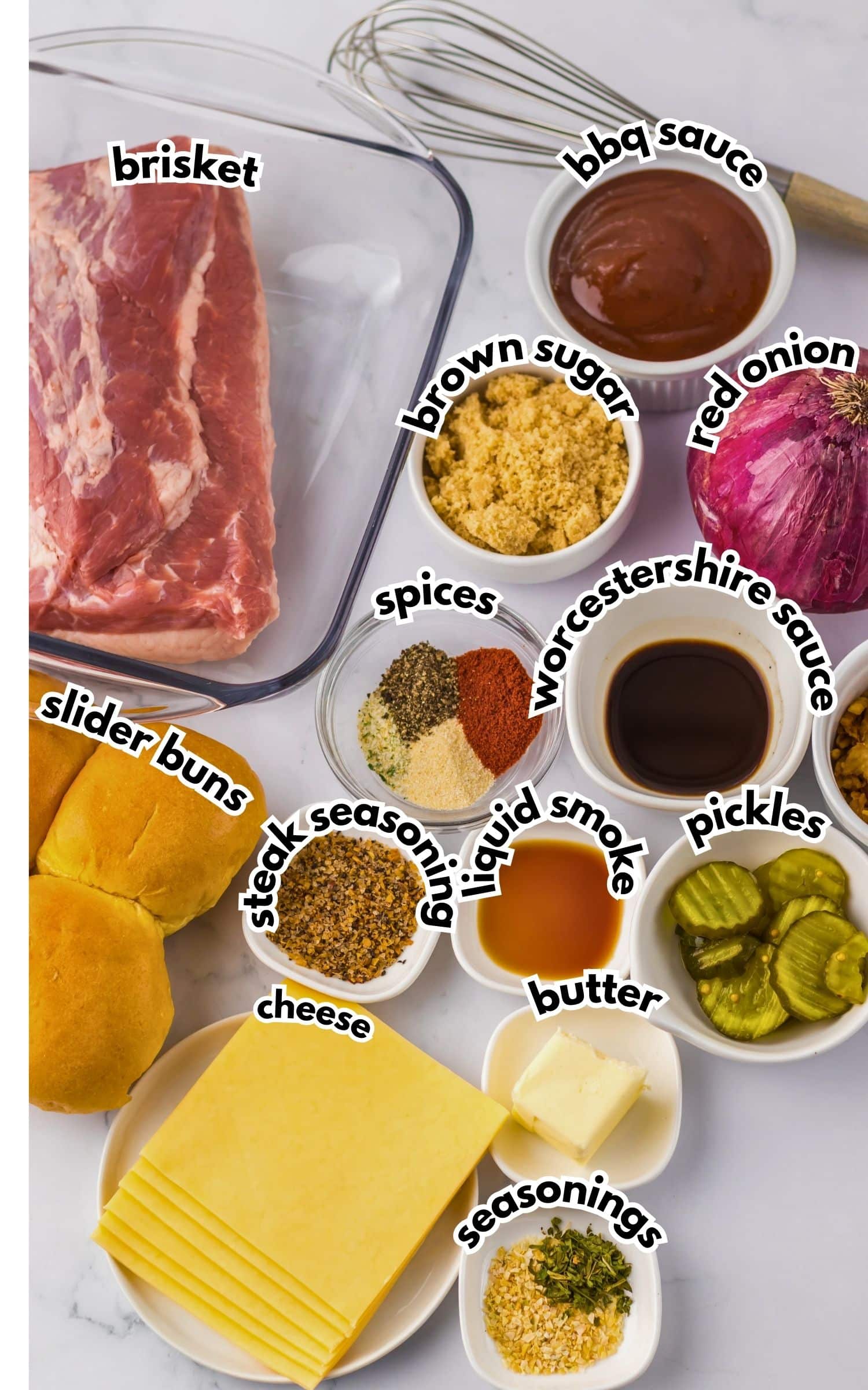 Bowls of ingredients labelled with text ready to cook.