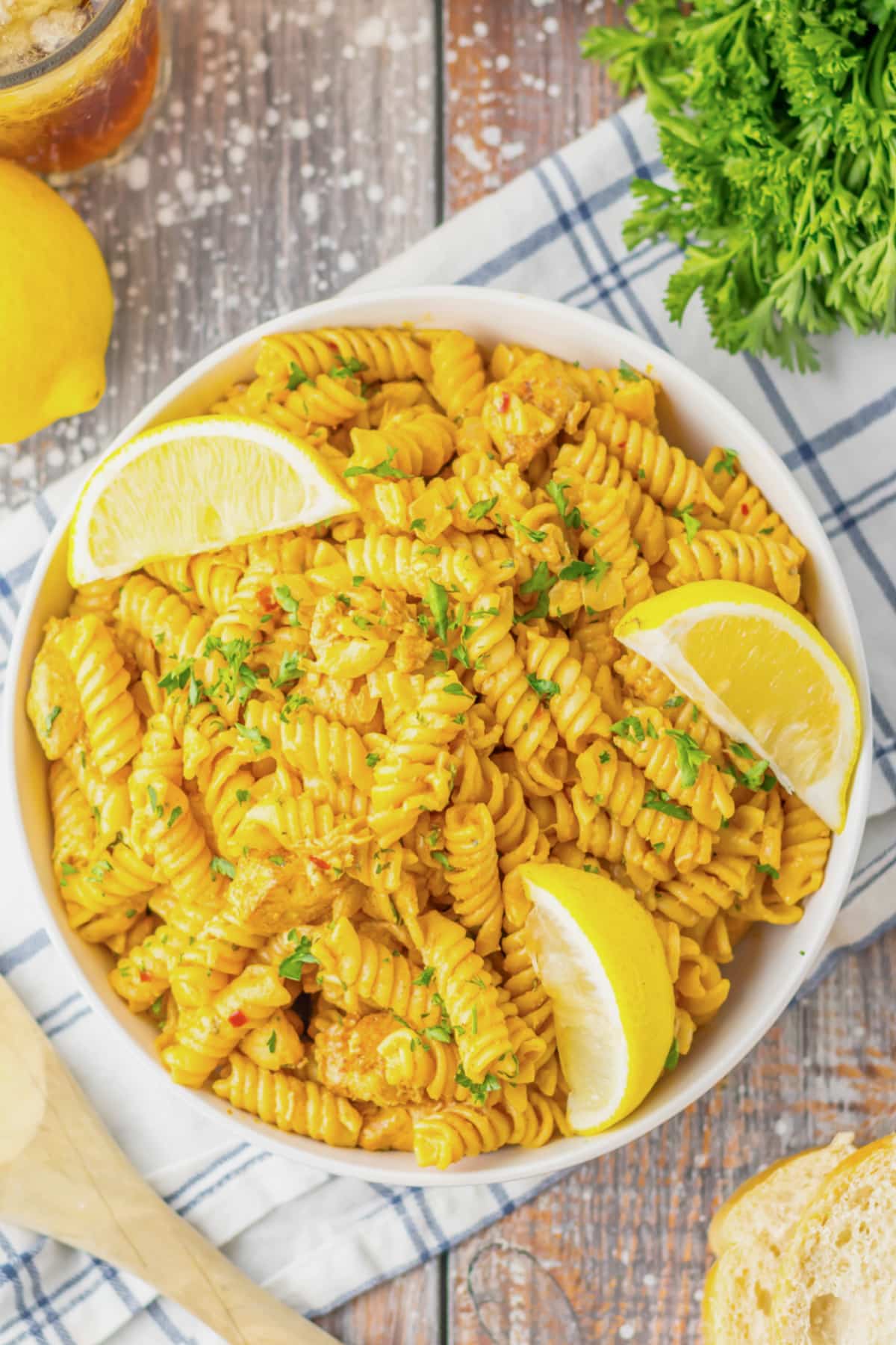 Chicken cowboy butter pasta in a white bowl.