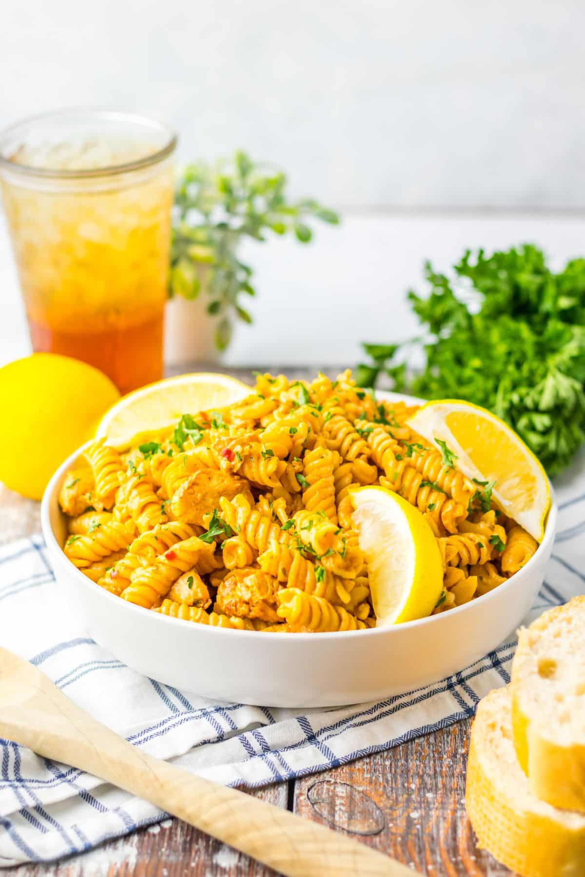 Chicken cowboy butter pasta in a white bowl.