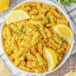 Chicken cowboy butter pasta in a white bowl.