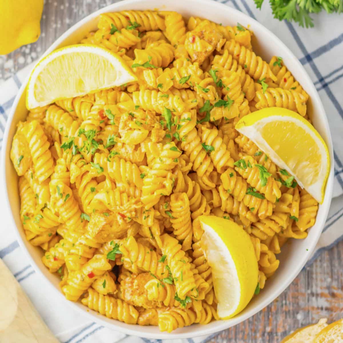 Chicken cowboy butter pasta in a white bowl.
