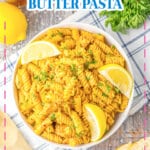 Chicken cowboy butter pasta in a white bowl.