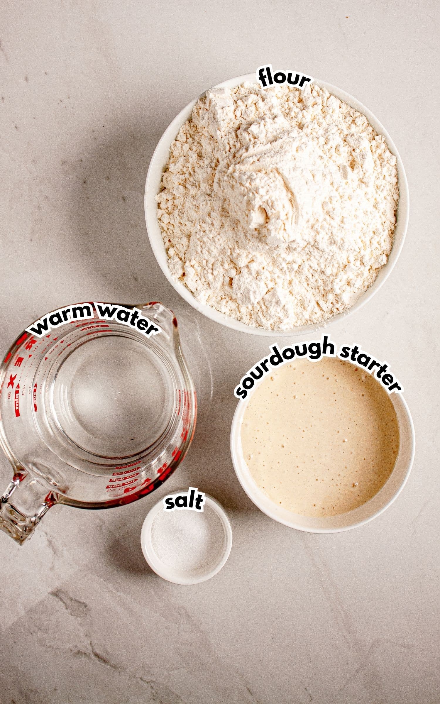 Bowls of ingredients labelled with text.