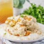 Garlic parmesan chicken tenders on a bed of mashed potatoes on a white plate.